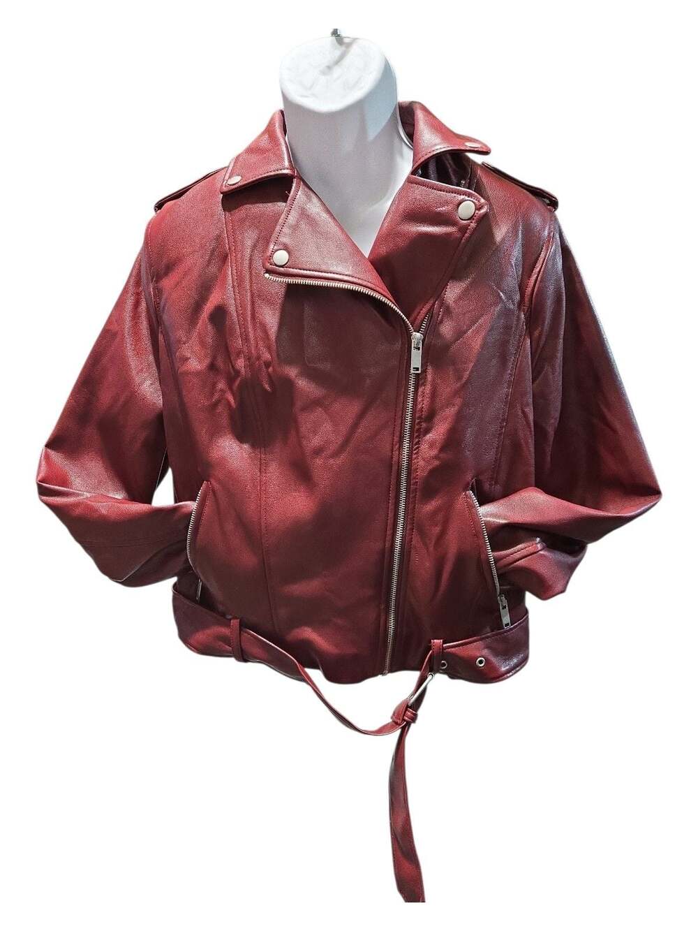 Forever 21+ Women's Plus Size Faux Leather Asymmetrical Moto Jacket in Red with